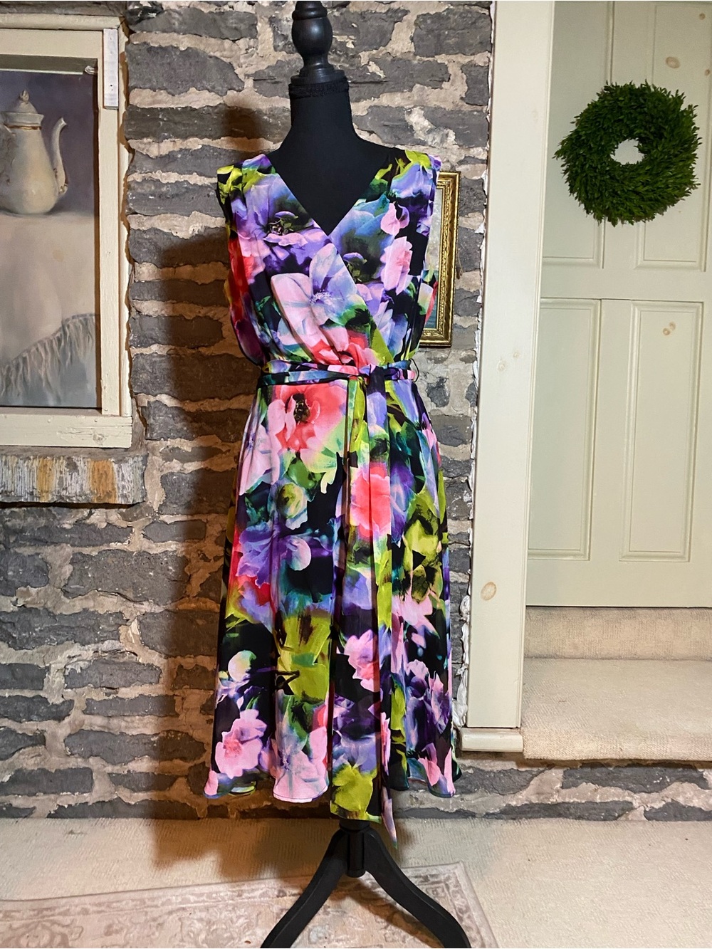Tahari Vibrant Floral Wrap Midi Dress in Black and Multicolor